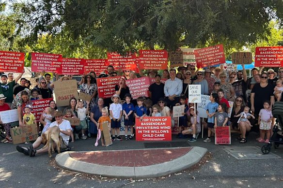 Parents and community members rally in a protest against the closure of the Town of Bassendean’s Wind in the Willows daycare centre.
