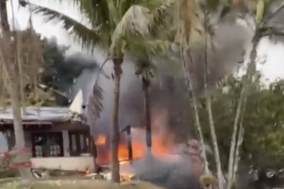 Fire coming from a plane that crashed by a home in Vinhedo, Sao Paulo state.