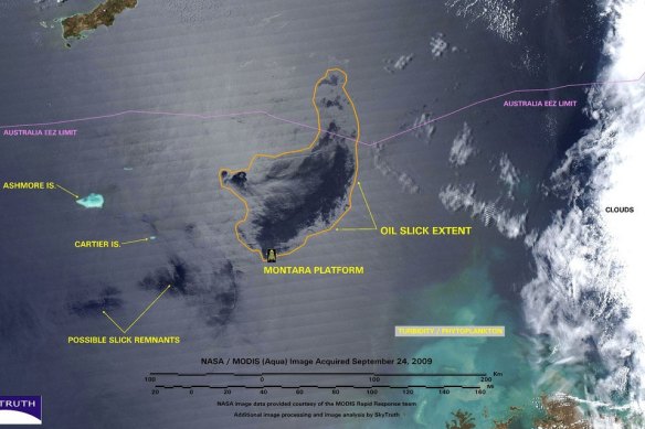 A NASA image from September 2009 shows the extent of the oil slick created by the 2009 Montara oil spill in the Timor Sea. 