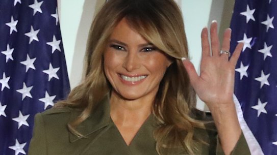 US First Lady Melania Trump waves while arriving to speak during the Republican National Convention in the Rose Garden of the White House.
