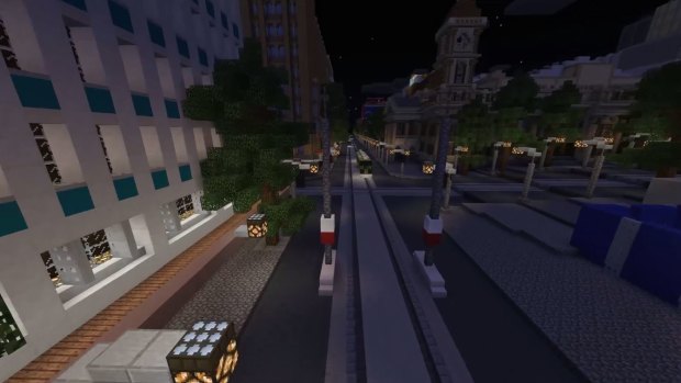 Swanston Street by night, in Minecraft.