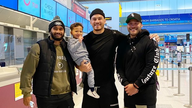Sonny Bill Williams leaving the UK. Pictured with Toronto teammates Bodene Thompson and Ricky Leutele. 