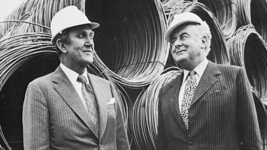 Prime Minister Malcolm Fraser and Gough Whitlam in 1976. Fraser blocked supply in the Senate to cause a deadlock, leading to Whitlam's dismissal 