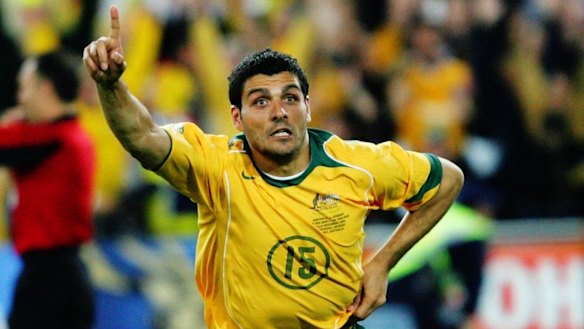 John Aloisi celebrates scoring the winning penalty against Uruguay in 2005.