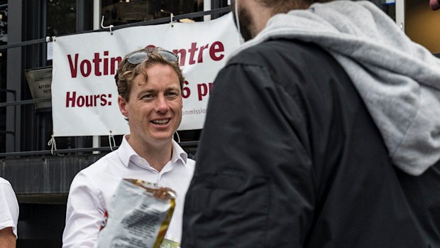 Greens MP for Prahran Sam Hibbins campaigning on election day. 