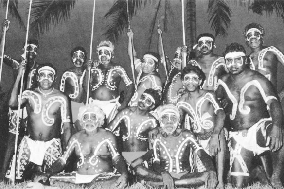 Corroboree performers at Mandorah in 1987. Bobby Lambudju Lane is at the back, second from left.
