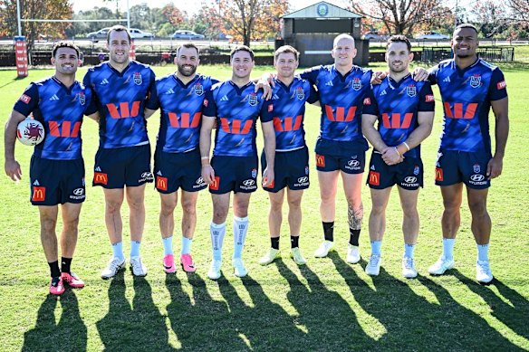 The Blues club captains group includes (left to right) Nathan Cleary, Isaah Yeo, James Tedesco, Mitchell Moses, Blayke Brailey, Mitch Barnett, Cameron Murray and Stephen Crichton.