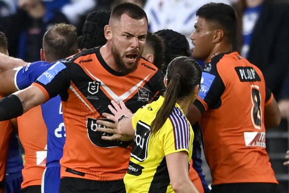 Tigers forward David Klemmer remonstrates with referee Kasey Badger.