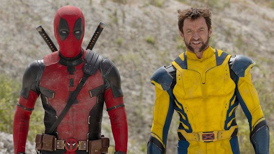 Ryan Reynolds as Deadpool/Wade Wilson and Hugh Jackman as Wolverine/Logan in the slapsticky Deadpool & Wolverine.