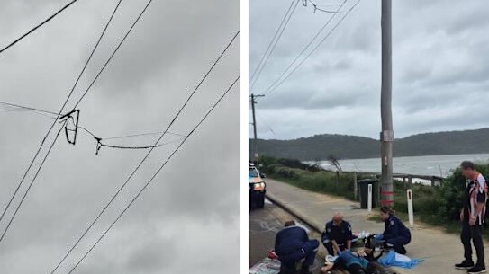 Strong winds caused a 50-year-old kite surfer become entangled on power lines at Umina Beach.