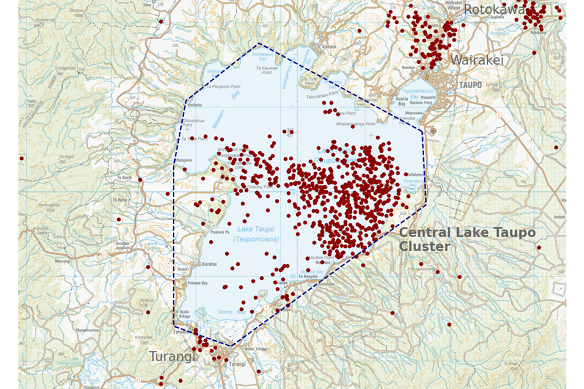 Seismic activity recorded at Lake Taupo since January. There are almost 700 earthquakes shown.