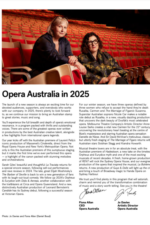 The booklets for Opera Australia’s 2025 season feature joint messages from CEO Fiona Allan and former artistic director Jo Davies. Pictured here is the Sydney booklet.