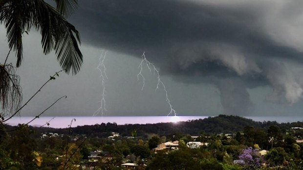 The view of the severe storm from The Gap, in Brisbane's north-west, as it moved offshore.
