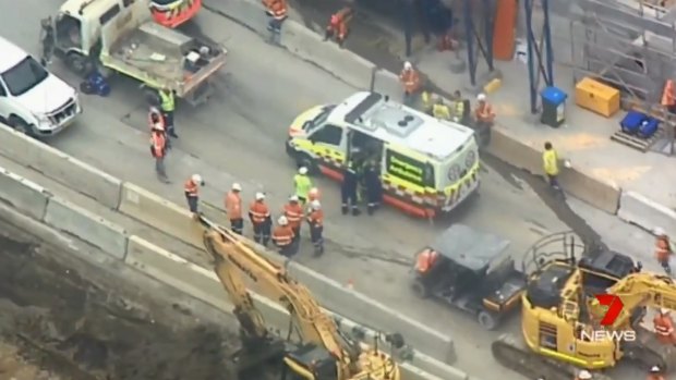 A man's legs were seriously injured when a heavy industrial saw fell on him while working on the NorthConnex project.
