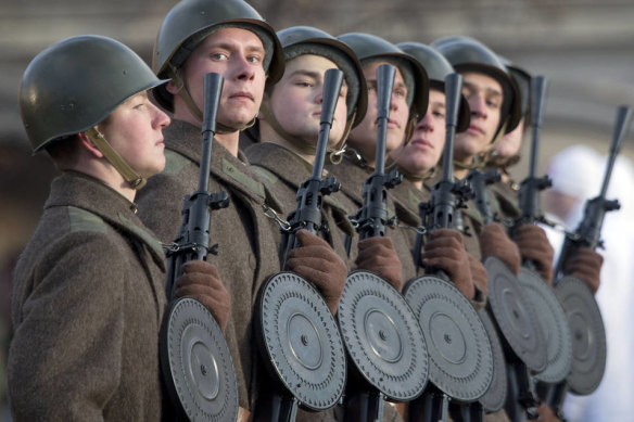 Forever war: Russian soldiers dressed in Red Army World War II uniforms march in Red Square in Moscow, Russia.