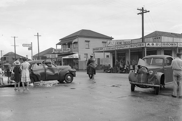 A crash outside the buildings in 1952.