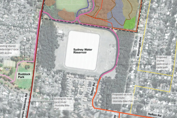 The proposed Sefton Road extension in pink running through Sydney Water land.
