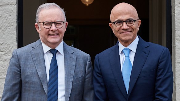 Microsoft chief executive Satya Nadella with Prime Minister Anthony Albanese last month.