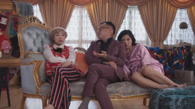 Awkwafina, Nico Santos and Constance Wu in Warner Bros' Crazy Rich Asians.