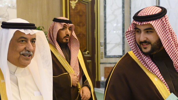 Prince Khaled bin Salman, right, the brother of Crown Prince Mohammed bin Salman and Saudi Ambassador to the United States, and Ibrahim al-Assaf, the new Saudi foreign minister, are pictured at the Royal Court in Riyadh on January 14.