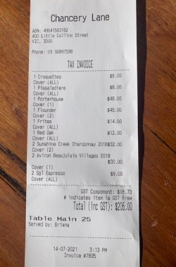 Receipt for lunch with Annie Smithers 