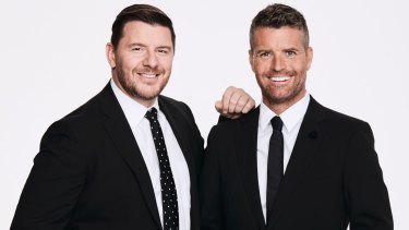 My Kitchen Rules hosts Manu Fieldel and Evans.