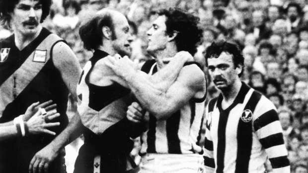 Richmond's Kevin Bartlett and Collingwood's Stan Magro clash in the 1980 grand final - the last time the two clubs met in a final.