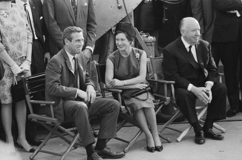 Paul Newman, Princess Margaret and Alfred Hitchcock on the set of Hitchcock’s Torn Curtain in 1966.