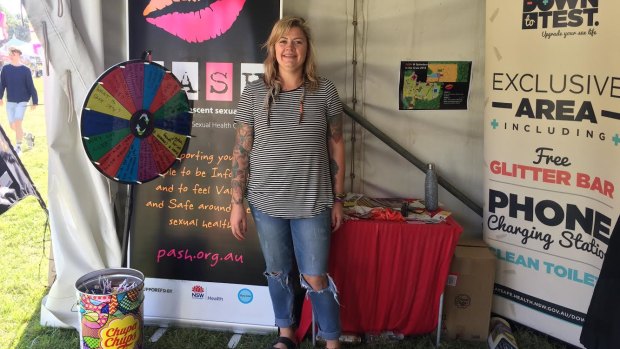 Binx Thompson, a sexual health worker, in the Down to Test tent at Splendour in the Grass.