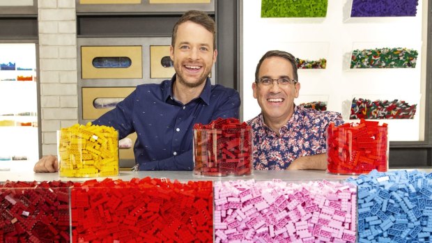 Hamish Blake and Ryan McNaught, on the set of Lego Masters.