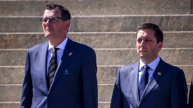 Premier Daniel Andrews and Matthew Guy at a Remembrance Day service in 2018. 