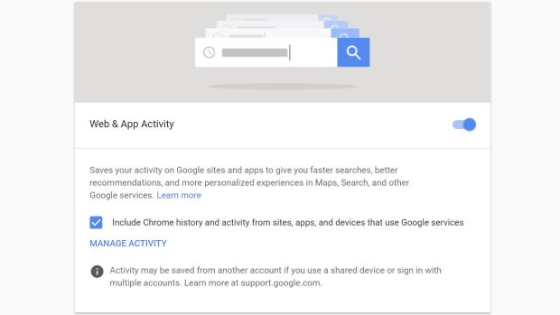 The Web & App Activity setting, as seen on a desktop web browser.