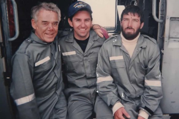 Gary Adshead aboard HMAS Adelaide with Tony Bullimore, left, and Thierry Dubois in 1997.