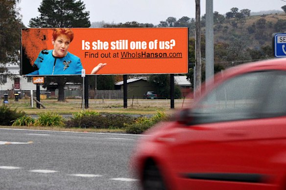 An anti-One Nation and Pauline Hanson banner. 
