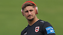 SYDNEY, AUSTRALIA - MARCH 23: Kyle Flanagan (L) and Zac Lomax of the Dragons inspect the field ahead of the round three NRL match between St George Illawarra Dragons and North Queensland Cowboys at Netstrata Jubilee Stadium on March 23, 2024 in Sydney, Australia. (Photo by Jason McCawley/Getty Images)