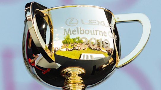 MELBOURNE, AUSTRALIA - OCTOBER 28: The 2019 Lexus Melbourne Cup trophy on display during the 2019 Melbourne Cup Carnival Launch at Flemington Racecourse on October 28, 2019 in Melbourne, Australia. (Photo by Asanka Ratnayake/Getty Images)