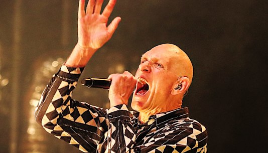 Midnight Oil’s Peter Garrett performs on stage at the Palais Theatre in St Kilda.