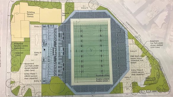 Plans for a 15,630-seat boutique stadium at Perry Park, Brisbane.
