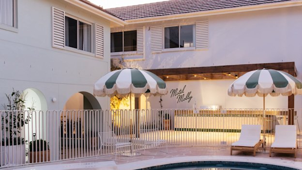 Plus-size umbrellas at Motel Molly’s pool.