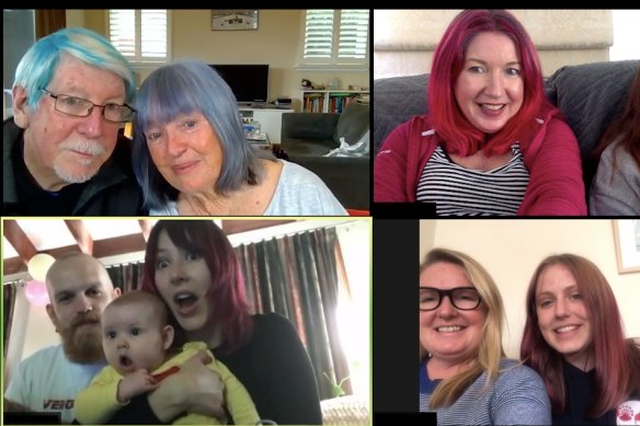 Jennie Duggan (top right) dyed her hair pink for a themed Zoom call for her 50th birthday.