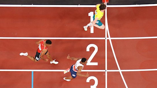 Rohan Browning wins his heat of the men’s 100 in Tokyo.