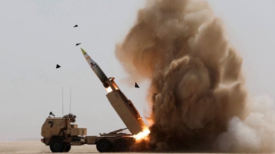 ATACMS missiles fired from a mobile launcher.