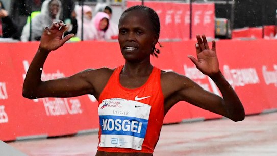 Kenya's Brigid Kosgei winning the Chicago Marathon on 2018.