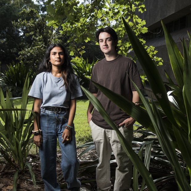 Varsha Yajman, 19, and Tiger Perkins, 21, are anxious about climate change. Yajman was involved in organising the School Strike 4 Climate protests in her final years of school.  Perkins is one of the leaders of the environment collective at the University of Sydney.