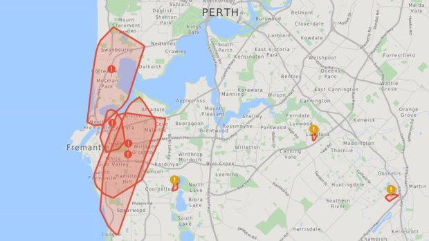 A Western Power map showing power outages across Perth on Friday morning.