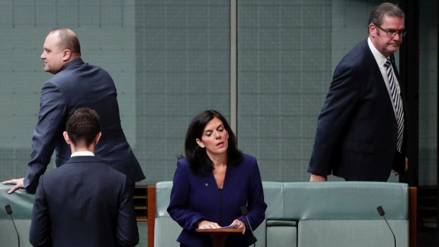 Julia Banks rises to speak to announce her decision to quit the Liberal party and LNP members leave the chamber.