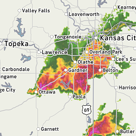 Radar images (heading from left to right) show the storm front, and potential tornado, heading towards Overland Park. A tornado landed in Ottawa.