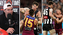 The eyewear of Mason Cox is knocked off his head by Dayne Zorko of the Lions.