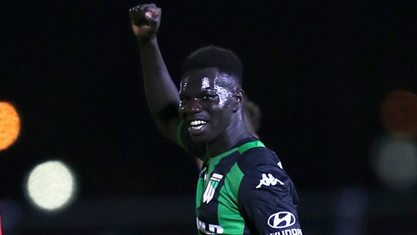 Off the mark: Valentino Yuel celebrates scoring Western United's first goal.
