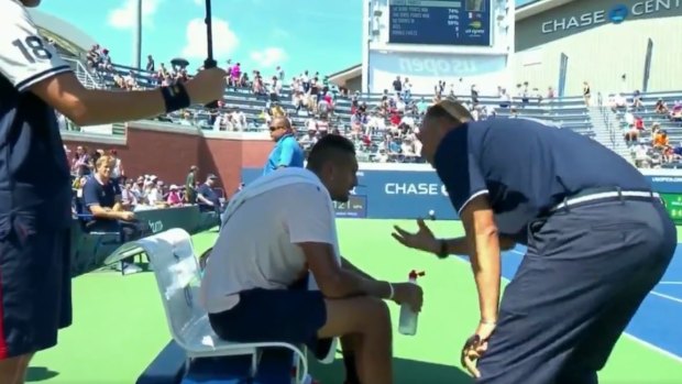An umpire has come under fire for giving Nick Kyrgios a pep talk at the US Open. Kyrgios went on to win the match. 